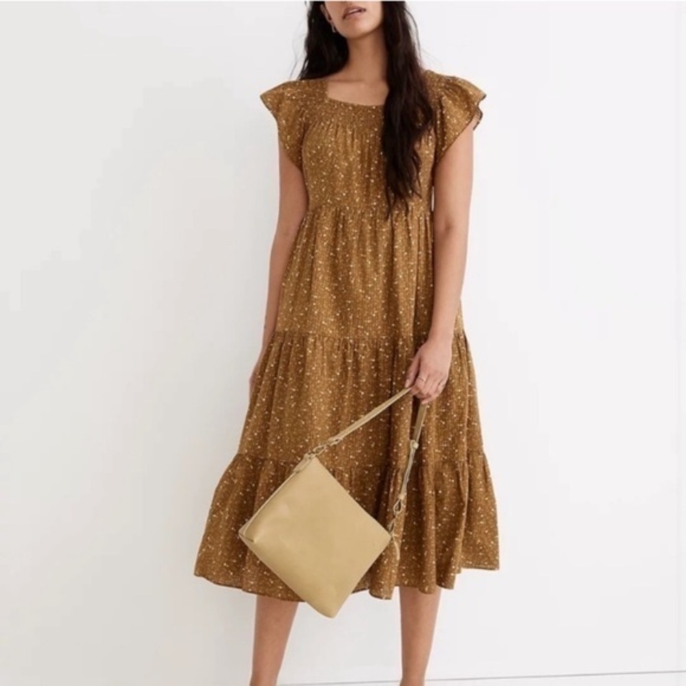 Madewell Weathered Olive Ruffle-Sleeve Tiered Midi Dress in Daisy Stitch NWT